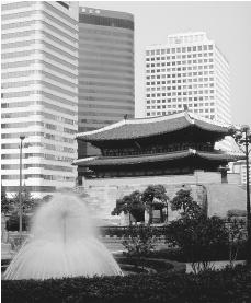 South Gate in downtown Seoul, South Korea, provides greenspace in the urban center.