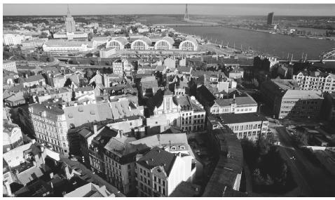 Architectural view of the old town center in Rīga.