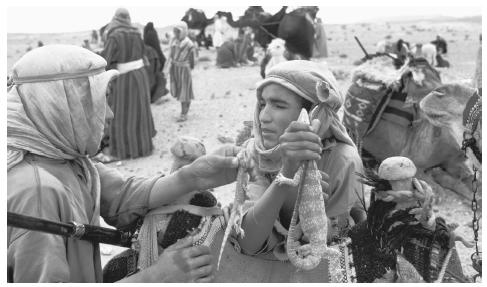 Bedouins trade goods at a market in the Sahara Desert, Morocco.