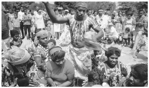 A dancer performs a traditional dance in Moumea. Kanaks maintain a belief in an immanent ancestral presence under diverse forms or totems.