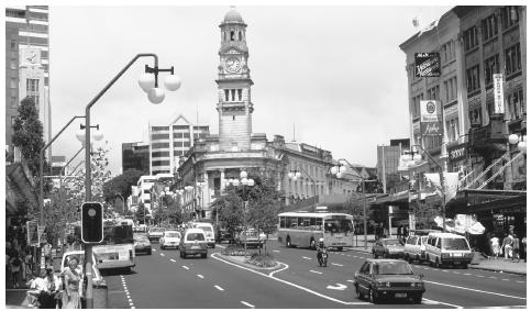 A view of Queen Street, the main thoroughfare of Auckland, the largest city, with a population approaching one million.