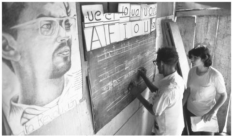 A woman teaches a man how to print letters as part of a literacy program in Nicaragua; the Sandinistas helped start these programs.