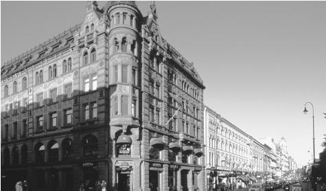 A classical-style building along Karl Johans Gate in downtown Oslo, Norway.