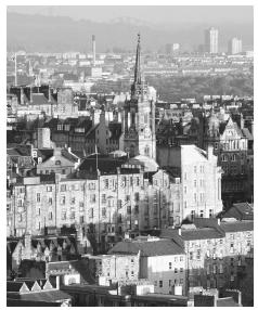 An aerial view of Edinborough. The city's architecture is still indicative of medieval times.