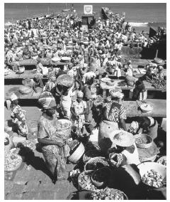 Buyers and sellers at the Freetown open air market. Sierra Leone's economy is largely informal, and women dominate the food market.