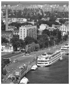 Boats and barges line the Dnieper River in Kiev.