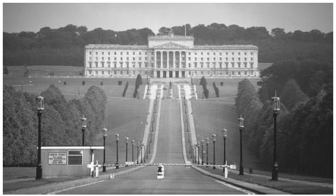 Wide open grounds surround Belfast's Northern Ireland Parliament Building for security reasons.