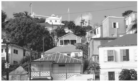 The colonial style architecture of Charlotte Amalie, Saint Thomas. European and African cultures have influenced local architecture.