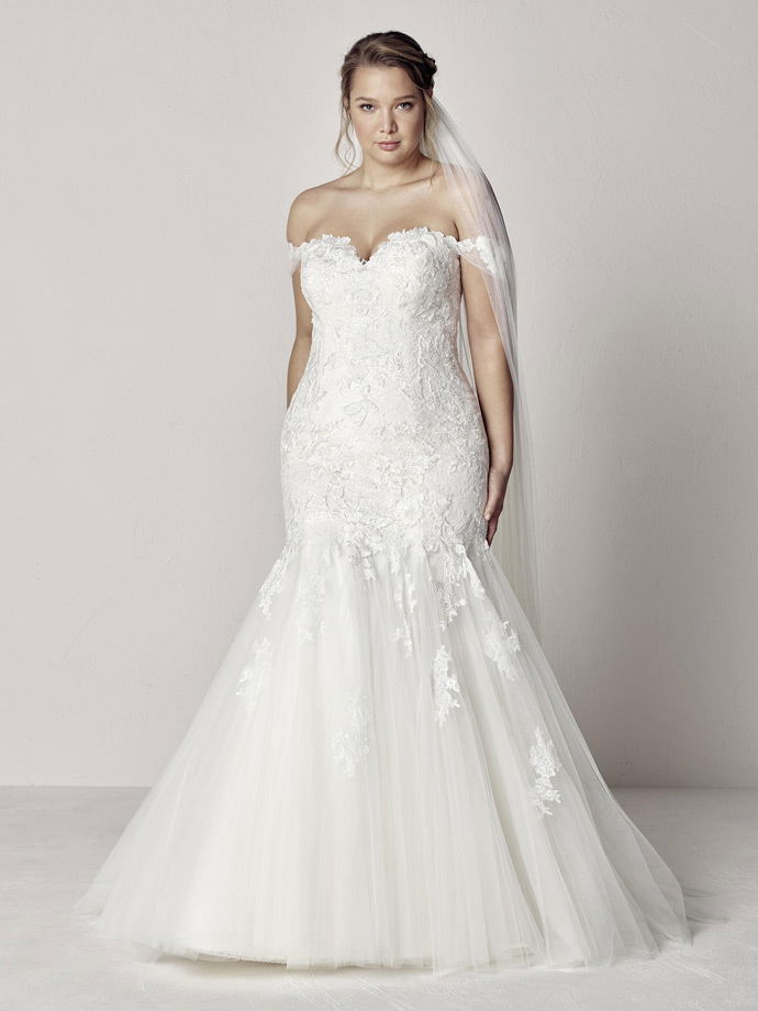 robe de mariée grande taille sirène appliqué de dentelle guipure