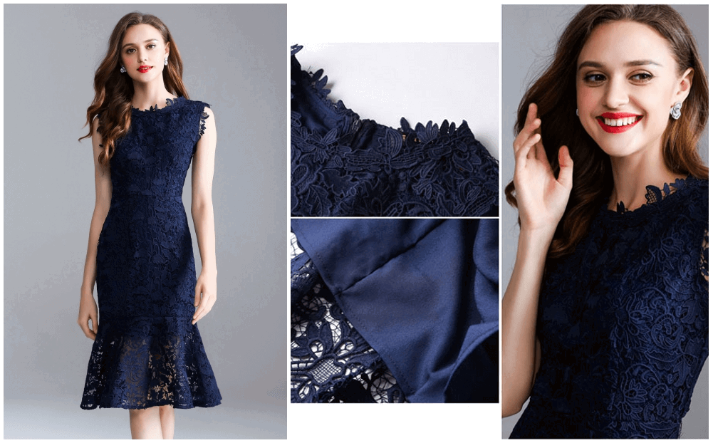 robe de cocktail sirène mi-longue bleu marine en dentelle guipure