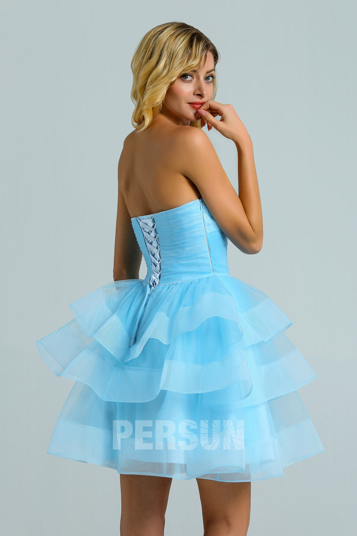 robe de bal bleue courte sexy en tulle