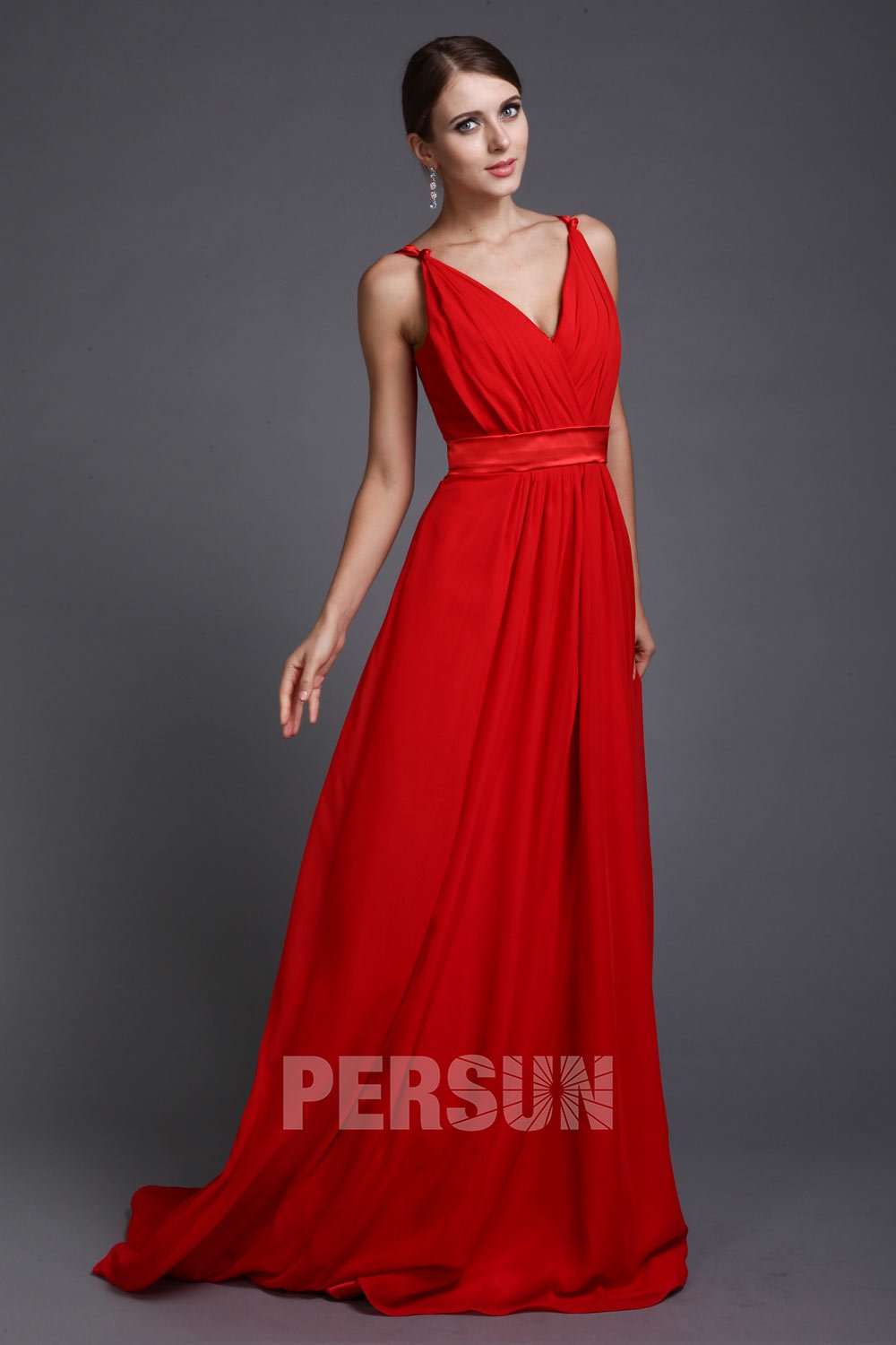 robe de soirée rouge à col V simple longue 