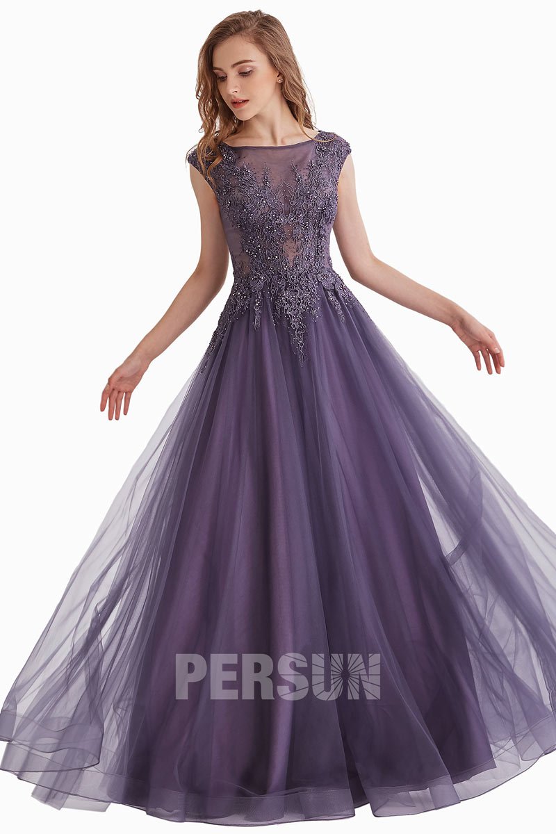 robe de soirée longue violette romantique en tulle