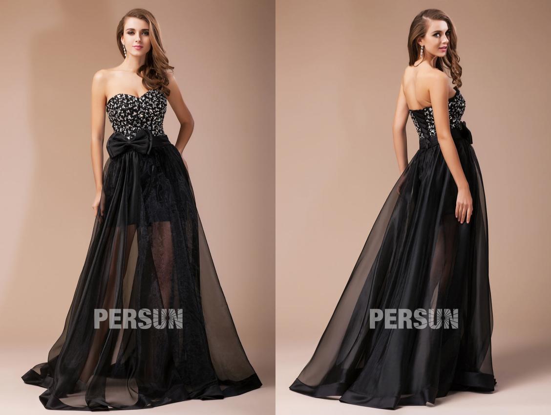 Robe de bal noire à jupe organza avec noeud papillon sur la ceinture