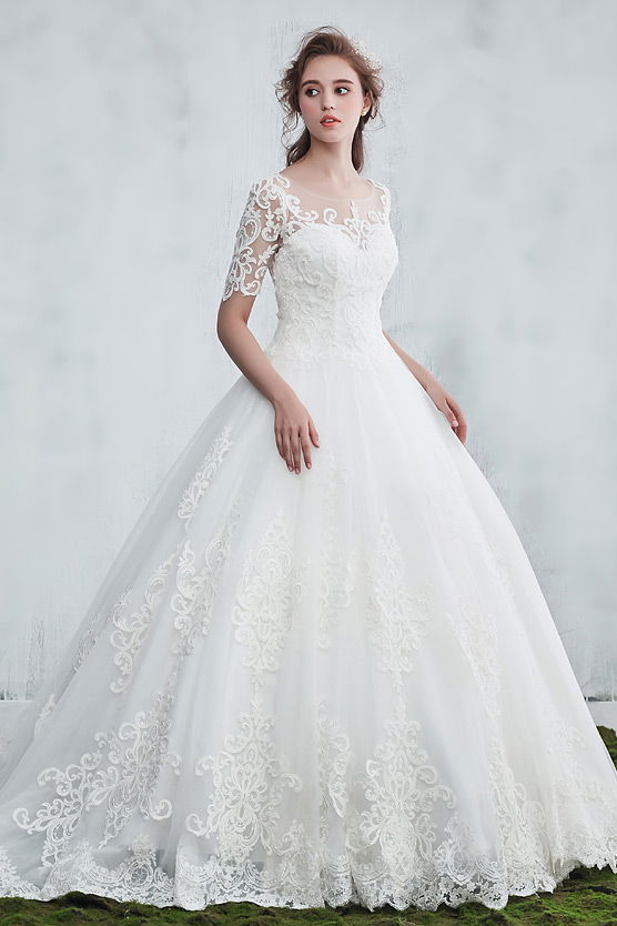 Robe de mariée avec manches guipure long avec traîne Chapelle