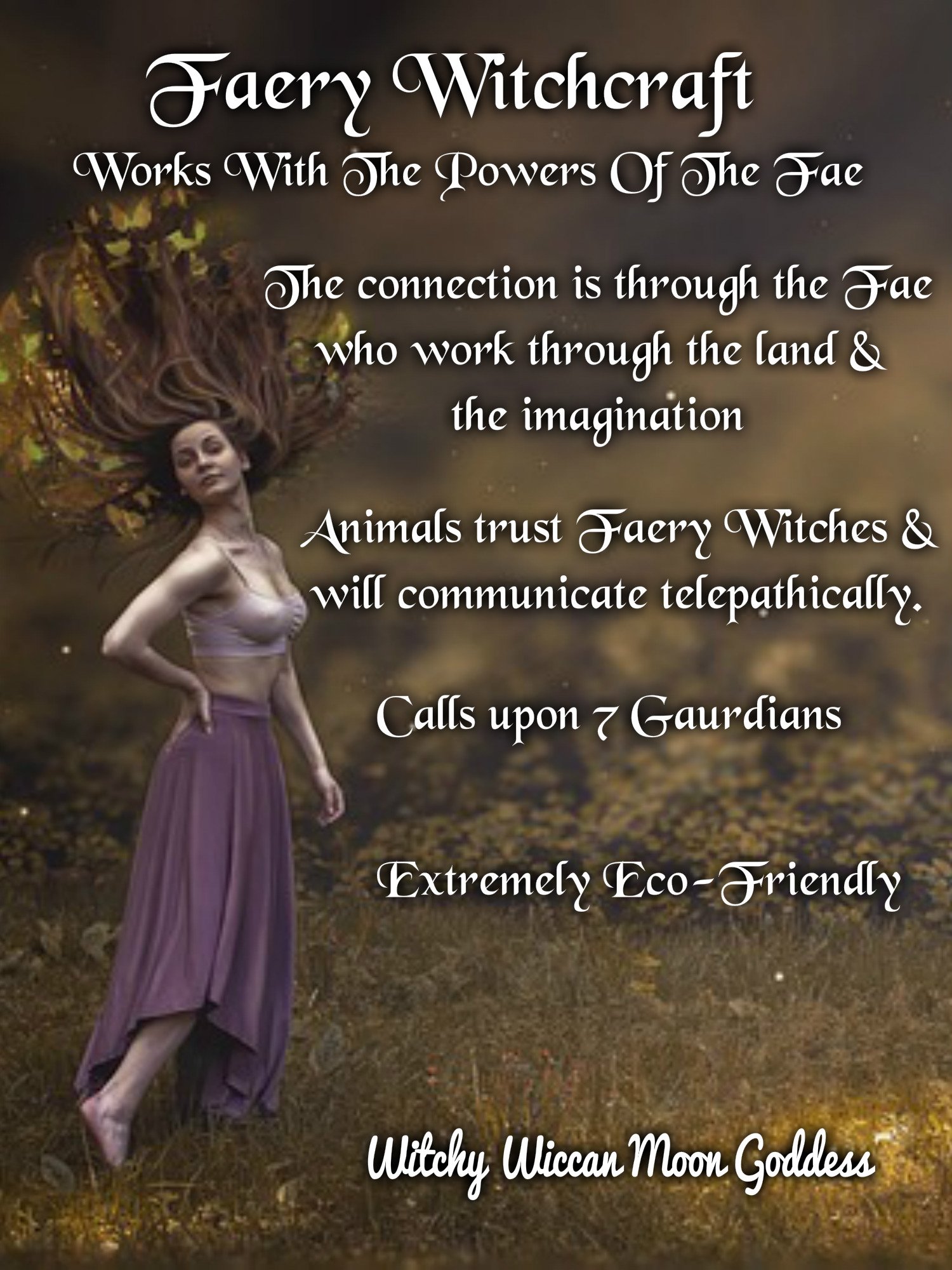 Faery Witchcraft: Works with the powers of the Fae. The connection is through the Fae who work through the land & imagination. Animals trust Faery Witches and will communicate telepathically. Calls upon 7 gaurdians. Extremely Eco-Friendly.
