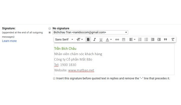 Tạo chữ ký Email trên Gmail bước 2 Điền nội dung vào khung soạn thảo chữ ký email