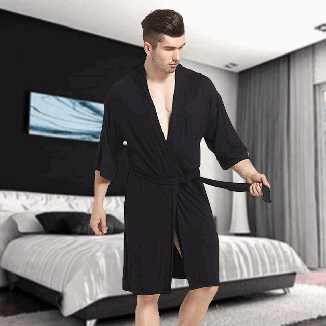 Coton été noir vêtements de nuit homme robe à manches mi-longues