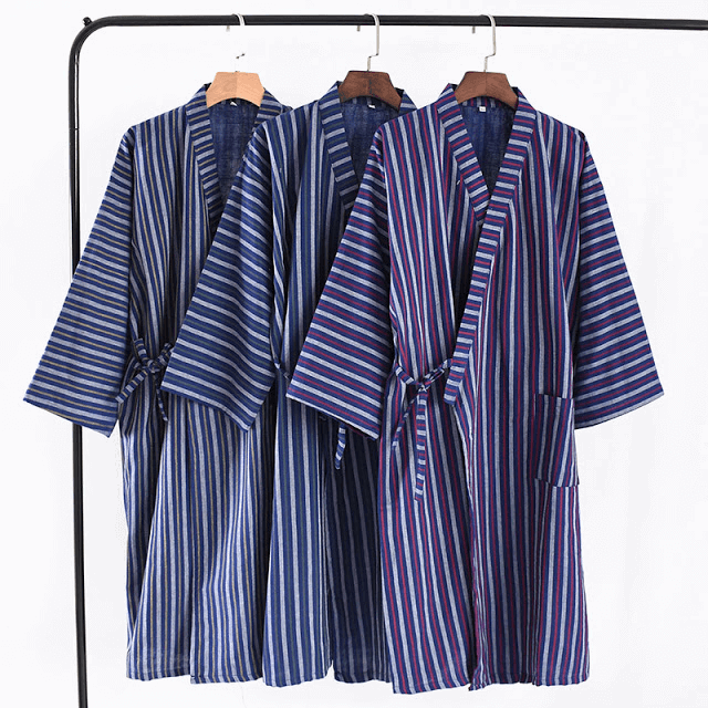 Chemise de nuit à rayures verticales en coton kimono fin japonais