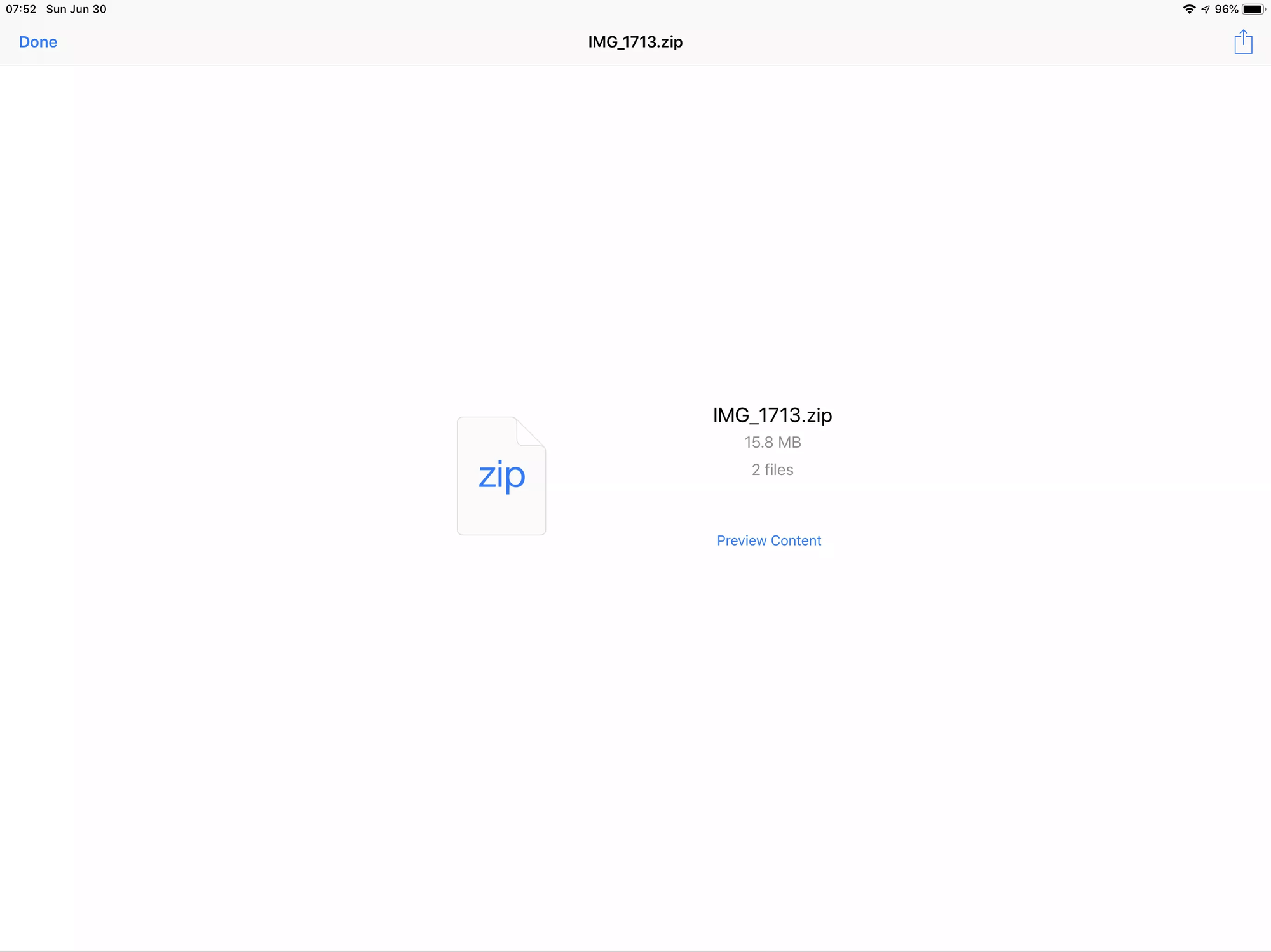 Screenshot shows zip file details (15.8 MB, 2 files), with Preview Content option