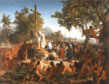 Tela do pintor Vitor Meirelles retratando a primeira missa celebrada no Brasil, no século XVI *