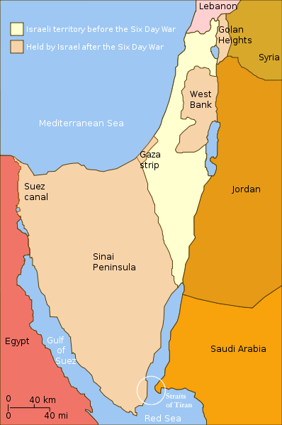 Territórios Israelenses antes e depois da Guerra dos Seis Dias. Ilustração: Wikimedia.