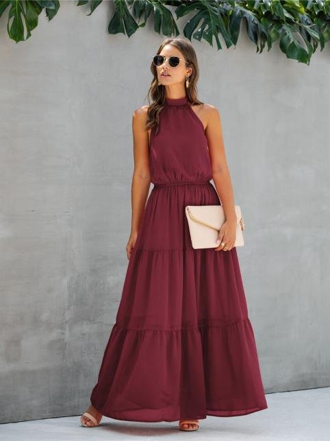 shestar solid color sleeveless patchwork halter dress
