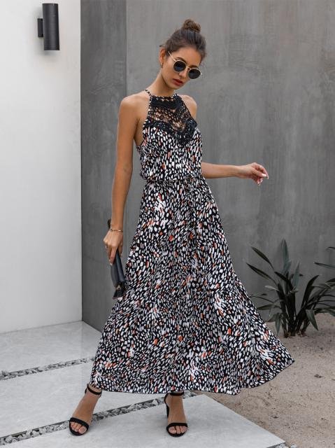 shestar all over print cutout lace patchwork halter dress
