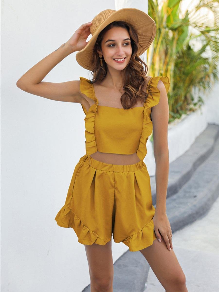shestar 2-piece backless crop top ruffle shorts outfit