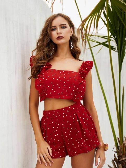 shestar red 2-piece backless crop top ruffle shorts outfit