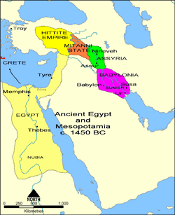 Overview map in the 15th century BC showing the core territory of Assyria with its two major cities Assur and Nineveh wedged between Babylonia downstream on the Tigris and the states of Mitanni and Hatti upstream.