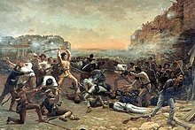 A man in buckskin clothes holds a rifle over his head. He is surrounded by dead soldiers.