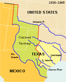 The land comprising Mexican Texas, between the Red, Sabine, and Nueces Rivers, is shaded yellow. The land between this boundary and the Rio Grande on the south and the Arkansas River on the north is shaded green and marked as 