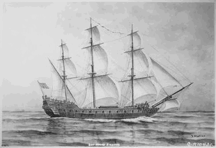 An East Indiaman freight sailboat at sea; it has three masts and a bowsprit, with all its sails set