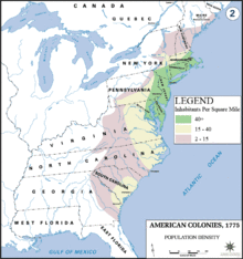 MAP of North America east of the Mississippi River outlining state borders in 1782 after state cessions of the Northwest Territory to Congress. Superimposed are three colors showing density of settled population, settlers per square mile (SPSM) in 1776: coastal Boston to Baltimore is green for over 40 SPSM; then next a thin area in tan for 15-40 SPSM for New England, then that settlement sweeps out for one hundred miles west into the frontier of southern Pennsylvania, Virginia and northeast North Carolina - and then the 15-40 SPSM tan color reappears in a 50-mile half-circle around Charleston, SC; the sparsest settlement is colored light purple for the far frontier with 2-15 SPSM for modern Maine, New Hampshire and Vermont, perhaps a 20-mile buffer east of the Allegheny Mountains in New York and Pennsylvania, then reaching farther west another 100 miles into the Appalachian Mountains for Virginia, North Carolina and South Carolina.