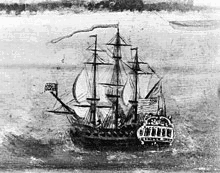 A sail warship at sea flying a US flag.