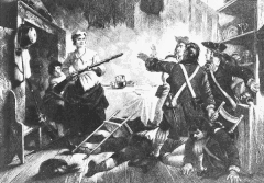 Scene of Nancy Morgan Hart on the left with musket raised and child hiding behind her skirts, and behind; on the right two British soldiers are lying on the floor, and three are raising their hands defensively in alarm.