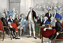 George Washington standing to receive his appointment as Continental Army commander-in-chief. John Adams nominated him, seated second to the right of Washington in a blue coat, at the First Continental Congress