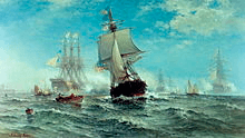 Sail warships at sea with full sail; in the center middle ground, the US ship; in the background, four French warships in a haze giving it a cannon salute with gunpowder; small boats also in the water in the middle ground.