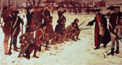 From the left armed with muskets, a standing rank of six US infantry, a kneeling rank of six infantry, then standing facing them from the right are General von Steuben instructing them with his arm outstretched, and two officers behind him.