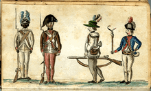 A scene of four uniformed soldiers of the Continental 1st Rhode Island Regiment. On the left, a black and a white soldier formally at “Attention” with Brown Bess muskets; on the right, a downcast white soldier walking back into formation with an officer barking at him holding a cat-o-nine tails for flogging.