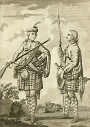 Portrait of two British soldiers of the “Black Watch” regiment in informal poses; on the left one carries a Brown Bess musket horizontally; on the right one holds a pike upright.