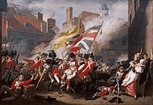 British troops assaulting down a city street behind two regimental colors, a freed black Tory in militia uniform among them; in the center, soldiers in British red coats are advancing into an American street barricade in the background; on the right turning away from the battle, resident women and children are running away.