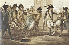 A caricature of men being arrested for British military service by a Press Gang. In the center middle ground is an agent with a bat raised to hit his recruits, behind him is an alarmed woman; immediately to the left are two standing men in tattered lower class dress, and another kneeling and pleading; to the far left foreground two gentlemen look on; to the right is an agent with sword, another with a bat over his shoulder, and between them a man half their height with a distended belly calmly questioning his detention.