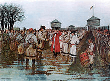 At left center, Virginia militia Colonel George Rogers Clark with buckskinned uniformed militia lined up behind him; at right center, red-coated British Quebec Governor Hamilton surrendering with ranks of white-uniformed Tory militia behind receding into the background; a drummer boy in the foreground; a line of British Indian allies lined up on the right receding into the background.