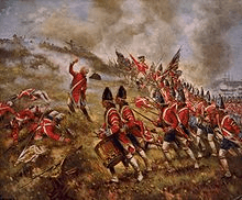 Across the entire foreground, then receding into the center background, British infantry assaulting on line uphill in red coats against entrenched Americans at the top.