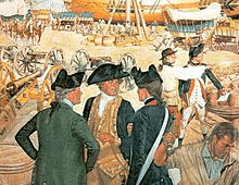 a ship’s landing with a ship in the background; in the middle ground barrels and boxes staged for awaiting Conestoga wagons, adjacent artillery pieces lined up; in the foreground military, civilian and laborer figures consulting and at their tasks