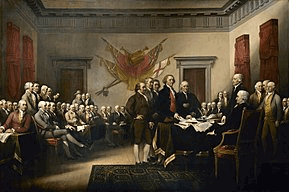 The artist's recreation of the Declaration signing with portraits of the entire Second Congress, as though all members were present. The Committee of Five are standing centered together presenting a parchment on the table.