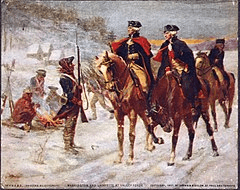 Two US officers on horseback on a snow-covered road, the sentry for a campsite standing in the snow at left, then to the right Washington mounted then Lafayette.