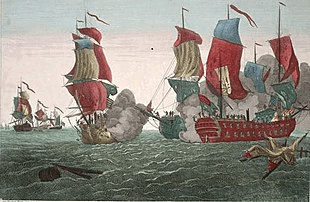 From the left, in the background three sailing warships at sea, one clearly flying a British naval ensign; in the center-right foreground, three sailing warships, two of them firing broadsides with gun smoke starting to cover them up. There was no US flag on the American ship, so the British said John Paul Jones was a pirate.